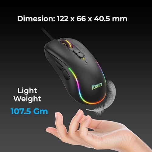 Image of Foxin Phantom GM 106 USB Wired Gaming Mouse with Upto 7200 DPI Gaming Sensor | 7 Buttons | Upto 10 Million Clicks | 7 Colours Rainbow Lighting | Ergonomic Design | 1.5m Cable (Black)