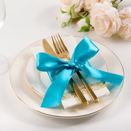 Image of Mauproy 1-1 /2 Inch Wide Peacock Blue Satin Ribbon, 50 Yards Turquoise Solid Polyester Fabric Ribbon for Roses Making, Gift Wrapping, Flower Bouquets, Wedding Decorations, Handmade Crafts