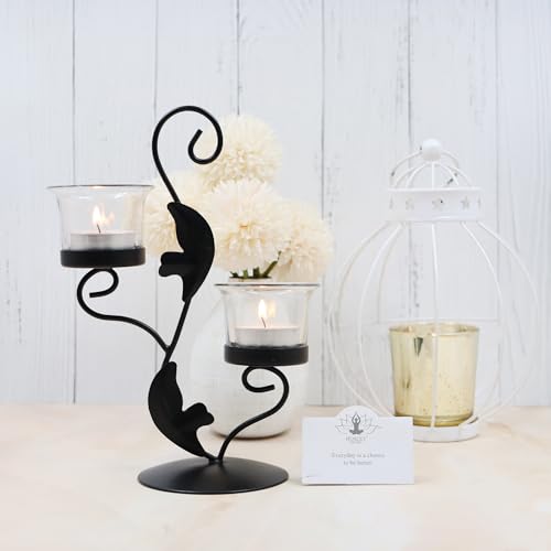 Image of Hosley Clear Glass Tealight Candle Holders|Black Tealight Candle Holders with Glass Holders Perfect for Home Decor, Birthday, Wedding, Parties,Tabletop,Centerpiece| 2-Cup Centrepiece, with Pack of 2 Tealights
