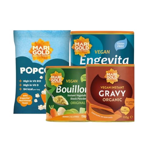 Marigold Starter Pack – Save on Best Sellers Bundle| Bouillon Vegetable Stock Powder 150g + Nutritional Yeast Flakes with B12 100g + Organic Instant Gravy 110g + Popcorn Plus Snack 20g