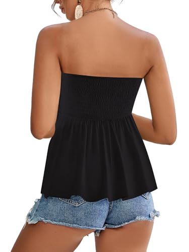 Rooscier Women's Smocked Tube Tops Ruffle Hem Sleeveless Peplum Bandeau Strappy Cami Tank2