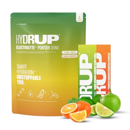 HYDRUP - Elektrolytgetränk ohne Zucker in Pulver 1733 mg - Sofortige Hydration & Energie mit Vitaminen B und C - 3x Orange, 3x Zitrone-Limette - 6 Sticks je 14 g - Gluten- & Laktosefrei HYDRUP - Elektrolytgetränk ohne Zucker in Pulver 1733 mg - Sofortige Hydration & Energie mit Vitaminen B und C - 3x Orange, 3x Zitrone-Limette - 6 Sticks je 14 g - Gluten- & Laktosefrei