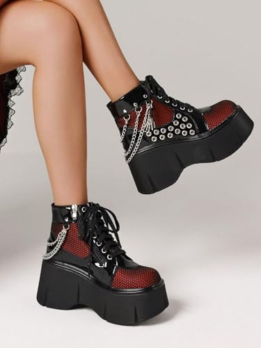 Y2K Punk Goth Platform Ankle Boots for Women with Fashion Chain Decor Round Hole Wedge High Heels Thick Sole Cosplay Boots for Party Stage Streetwear Outfits3