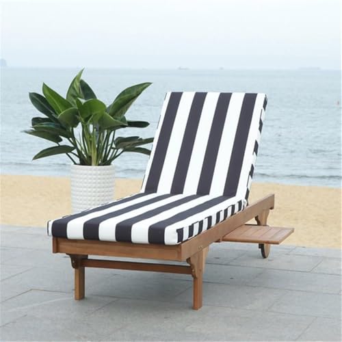 Image of SAFAVIEH Outdoor Collection Newport Natural / Black & White Stripe Cushion Built-in Side Table Adjustable Chaise Lounge Chair