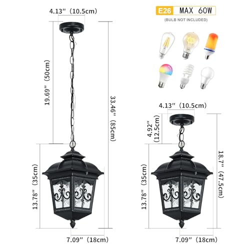 Outdoor Pendant Lights for Porch Entryway Yard Front Door Patio, Waterproof Outside Hanging Lights Fixture Adjustable Chain Black Exterior Lantern Pendant Lamp Outdoor Chandelier, 2 Pack