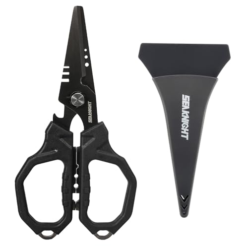 SeaKnight Tijeras de pesca de 6.4 pulgadas, cuchillas dobles dentadas, tijeras de línea trenzada con revestimiento de titanio, agarre antideslizante y herramienta multifunción, incluye funda de
