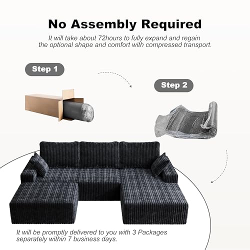Image of Modular Sectional Sofa Couches L-Shape Couch 3 Seat Modular Sofa Memory Foam Sectional Couches for Living Room (Black, 108 inch+Right Chaise + Ottoman)