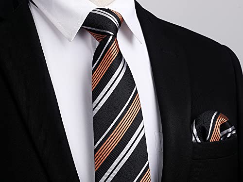 Image of Enlision Mens Ties Stripe Tie and Pocket Square Set Classic Formal Woven Neckties Handkerchief Cufflinks Wedding
