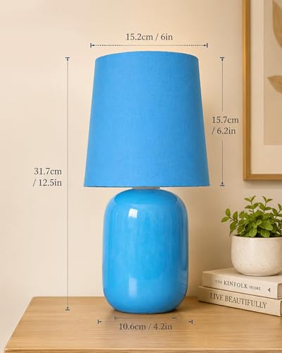 Image of Homesake Modern Small Ceramic LED Table Lamp, Classic Bedside Desk Lamp For Living Room Bedroom, Farmhouse Nightstand Lamps With Fabric Shade (Dovel Turquoise)