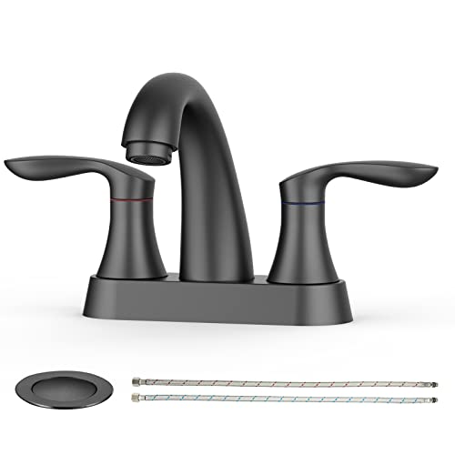 Bathroom Faucet, 4 Inch Bathroom Faucets for Sink 3 Hole, Centerset Bathroom Sink Faucet with Pop Up Drain and cUPC Lead-Free Hose(Matte Black)