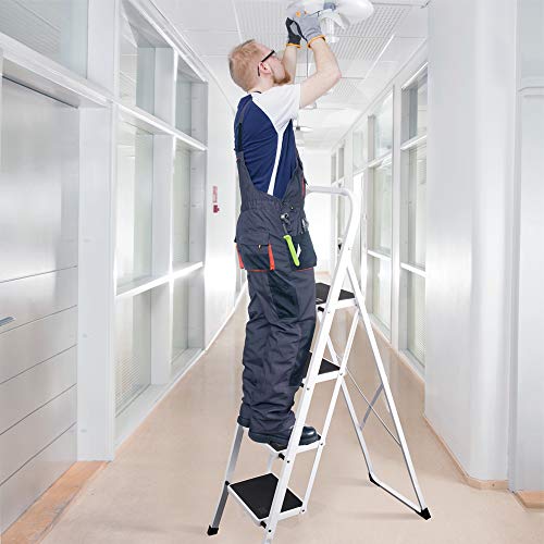 Delxo Folding 4 Step Ladder with Convenient Handgrip Anti-Slip Sturdy and Wide Pedal 300lbs Portable Steel Step Stool White and Black 4-Feet