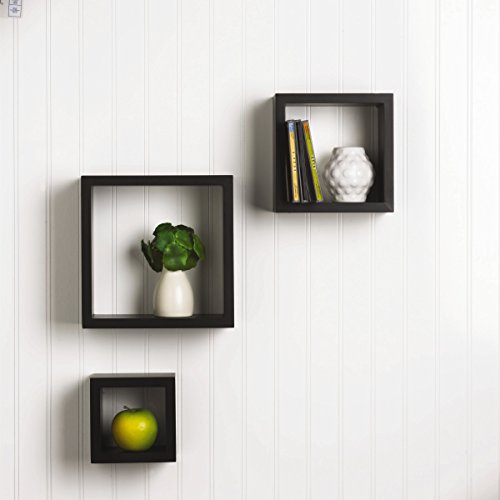 Melannco Floating Wall Square Cube Shelves For Bedroom, Living Room, Bathroom, Kitchen - Wood, Set Of 3, Black #TOP4