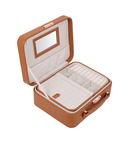 Image of BucketList PU Leather Jewellery Organizer Box with Mirror & Necklace Hooks | Large Multi-Compartment Storage Case with Removable Tray & Mini Travel Box (Luxury Jewelry Box with Mirror (Caramel))