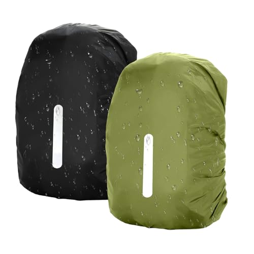 2Pcs Waterproof Backpack Cover Backpack Rain Cover Waterproof Rucksack Covers with Reflective for Hiking Camping Cycling School and Outdoor Activities (Black + Army Green 30-40L)