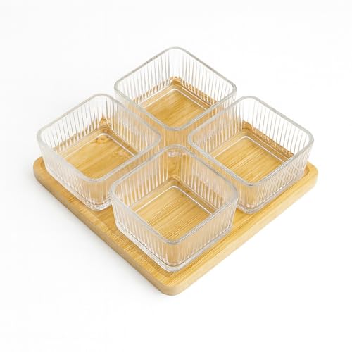 Image of 250ml Glass Serving Bowl Set of 4 with Bamboo Tray | Snack, Dry Fruit, Mukhwas & Candy Bowls for Dining Table | Transparent Glass Katori Set