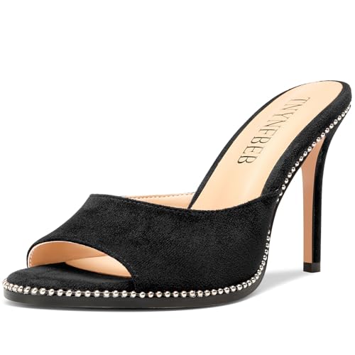 TNYNFBEB Womens Stiletto High Heel Peep Open Toe Sandals Mules Shoes Slingback Slip-on Sliver Beaded Prom Dress 3.9 Inches Heels