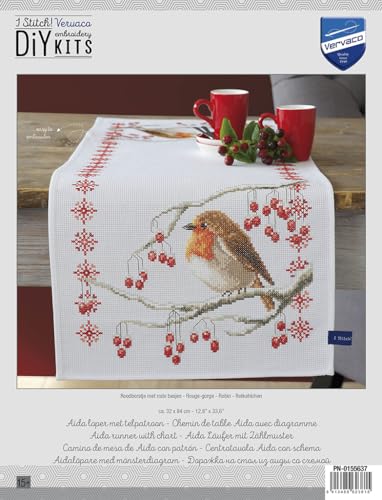 Image of Vervaco Embroidery Kits Cross Stitch Table Runner DIY Kit, Tablecloth to Embroider with Embroidery Image in Modern Design, Cotton and Embroidery Thread, 12,8 x 33,6 Inches, Robin