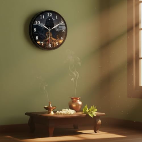 Image of Lord Shiva & Kedarnath Temple Wall Clock for Home Decor | Round Analog Mahadev Adiyogi Wall Clock | Silent Non-Ticking Spiritual Hindu Wall Art for Living Room, Bedroom & Puja Room, Black