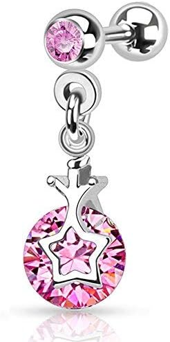 Body Jewellery Shack Upper Ear dangly Earring Cartilage Tragus Helix Piercing Barbell - Pink, Blue, Clear. (Pink)