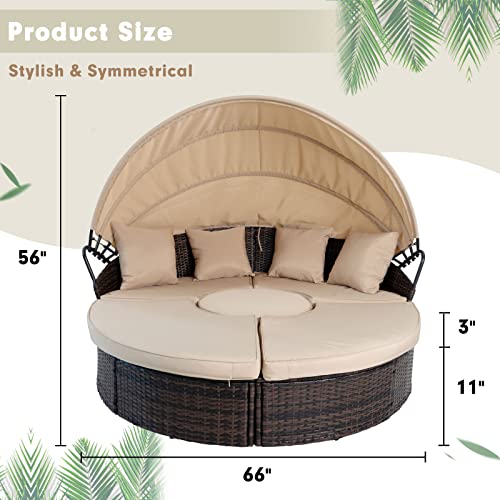Incbruce Outdoor Daybed with Retractable Canopy, All-Weather Wicker Sectional Furniture Patio Round Daybed for Backyard Pool (Brown)