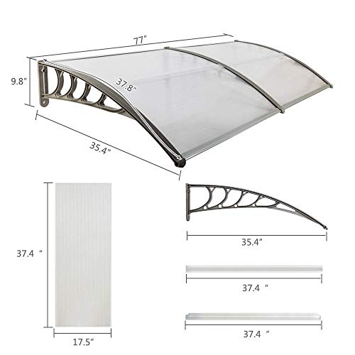 Outvita Window Awning Door Canopy 80"X40", Polycarbonate Cover Front Door Outdoor Patio Awning Canopy Uv Rain Snow Sunlight Protection Hollow Sheet, Clear Board & Grey Bracket #TOP2