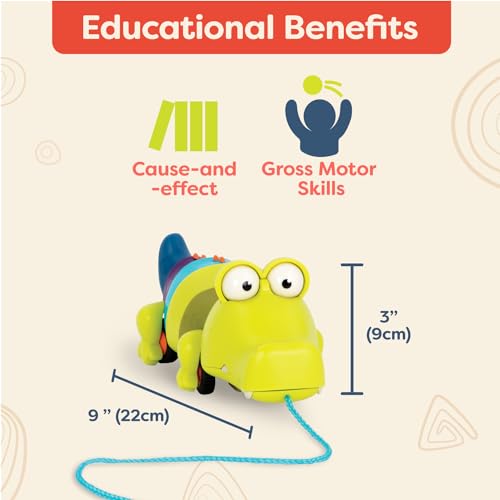Image of B. toys Pull Along Toy, Waggle-A-Longs Snappity Scott Crocodile Toy | Push or pull crocodile walking toy with string; mouth opens, tail waggles, wheels roll; 1 piece; fully assembled; 18+ Months