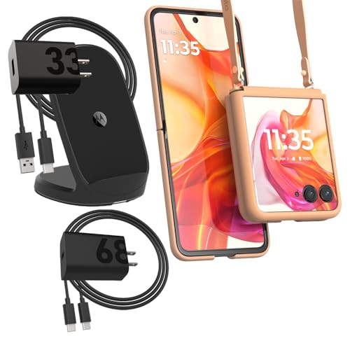 Motorola Razr+ (Plus) 2024/2025 Peach Fuzz Adjustable Cross Body Case + TurboPower Wireless Stand + 33W Charger + TurboPower 68W Charger