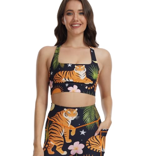 Tiger Print Sports Bra for Women – Medium Support Yoga Bra with Removable Pads, Black Orange Tiger Design, U-Shaped Neckline, Low-Impact Workout Bra