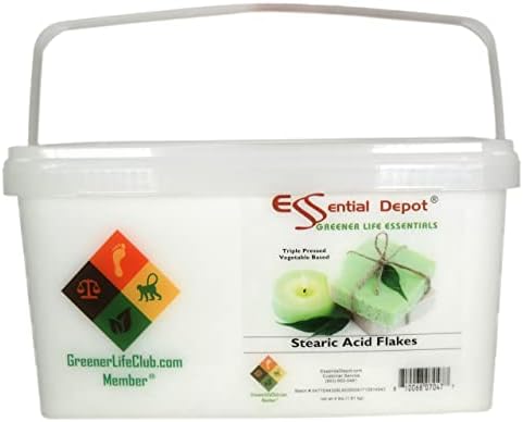 Essential Depot Stearic Acid - Triple Pressed - Vegetable Based - White Flakes - 4 lbs. Net wt - Safety Sealed PP Container with Resealable Lid and Removable Handle