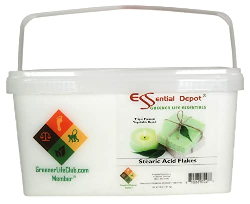 Essential Depot Stearic Acid - Triple Pressed - Vegetable Based - White Flakes - 4 lbs. Net wt - Safety Sealed PP Container with Resealable Lid and Removable Handle