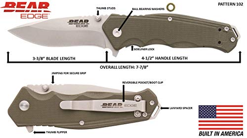 Bear Edge G10 Sideliner, 3 3/8” 440 High Carbon Stainless Steel Blade, Green G10 Handle, Trigger Open And Reversible Pocket Clip (61102) #TOP5