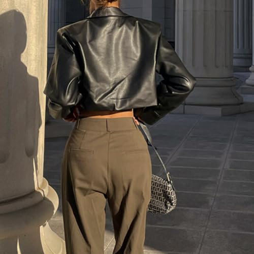 ZGMYC Women's Faux Leather Crop Jacket Button Down Long Sleeve Casual Jacket Outerwear Short Coat Streetwear4