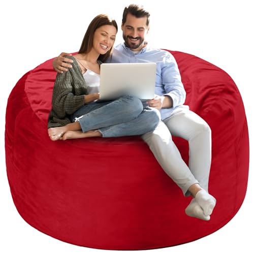 Homguava 4 FT Bean Bag Chair: 4' Bean Bags with Memory Foam Filled, Large Beanbag Chairs Soft Sofa with Dutch Velvet Cover-Red