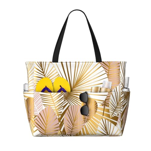 Grand sac de plage sac à bandoulière pour femme imprimé tropical doré