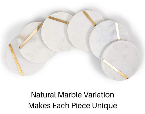 Cork & Mill Marble Coasters For Drinks - Set Of 6 Handcrafted Modern Coasters - 4" Wide Drink Coasters - White Marble Coasters With Gold Brass Inlay - Made From Real Solid Marble #TOP3