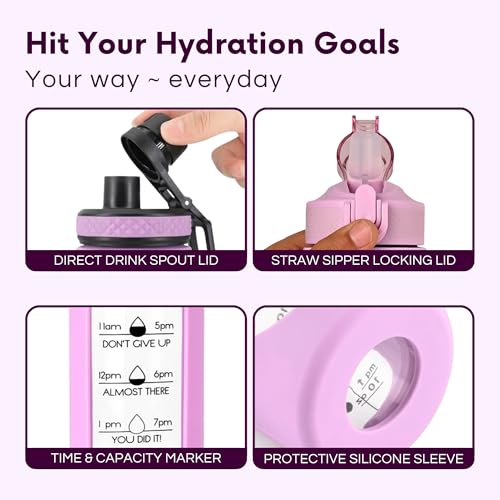 Image of 1 Litre Borosilicate Glass Bottle with Silicone Cover & 2 Lids, Motivational Straw Sipper Water Bottle For Adults with Time & Measurement, 1 Ltr Home, Office & Gym Bottles For Women & Men (Lilac)