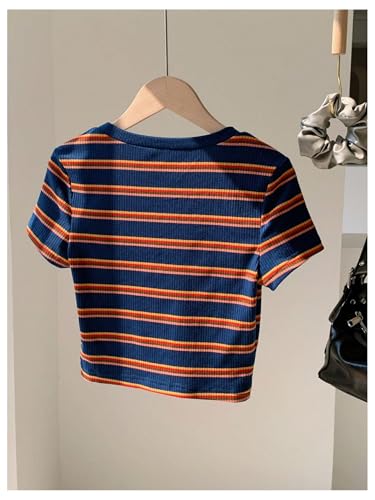 Girl's Striped Short Sleeve T-Shirts Crew Neck Ribbed Crop Tees Summer Tops2