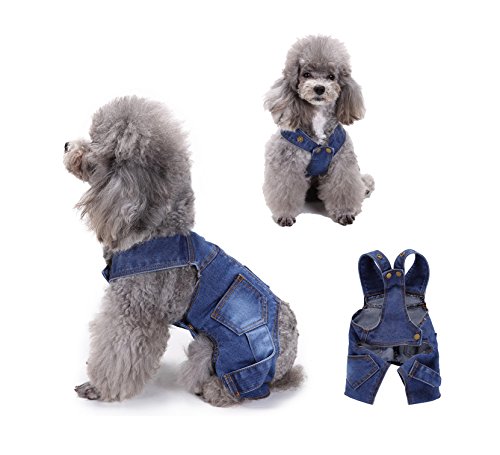 GabeFish Denim-Overall für Hunde und Katzen, Vintage-Design, mit Druckknöpfen, 4 Beine, für kleine und mittelgroße Hunde, Blau, Größe XS Cover