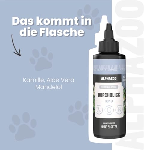 alphazoo Augenpflege Durchblick für Hunde 100 ml – mit Mandelöl, Aloe Vera & Kamille. Sanfte, alkoholfreie Pflege zur Reinigung empfindlicher Augenpartien. Unterstützt Hygiene & Wohlbefinden.