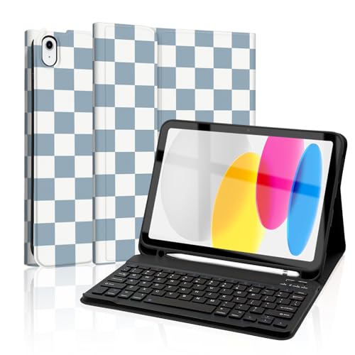 Mewealth for iPad 11th 10th Generation Case with Keyboard, Detachable Folio Wireless Keyboard Cover with Pencil Holder for 11th A16 11-inch 2025?10th Gen 10.9 Inch 2022, Checkered Plaid Blue-White