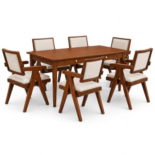 Image of Solid Sheesham Wood 6 Seater Dining Table Set with 2 Drawers & Cushioned Back Chairs | 57 x 32 x 30 Inch Wooden Dining Table for Dining Room, Kitchen & Home | Dark Honey Finish