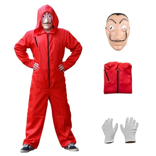 BrainGiggles Money Heist Costume Red Jumpsuit with Salvador Dali Mask and Gloves Unisex Halloween Cosplay Outfit for Men Women Carnival Book Day Fancy Dress Full Set TV Show (Adults (3x-Large))