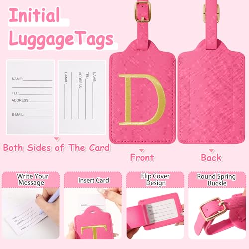 Image of Initial Letter Luggage Tags for Suitcases, Embroidered Monogrammed Suitcase Luggage Identifier Name Tag, PU Leather TSA Approved Luggage Tags, Bag Tags for Men Women Kids Luggage Handbags(Rosered D)