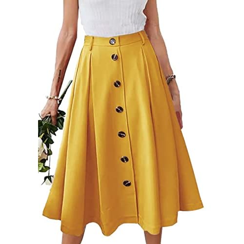 HERBATOMIA Midi Skirt Elastic Waist Button Front Casual Flared Long Skirts with Pocket for Women
