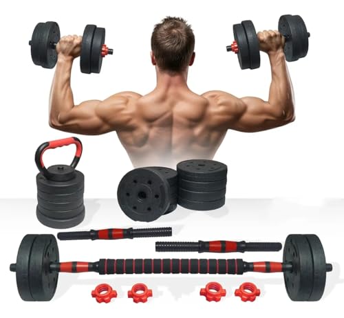 Halteres Ajustáveis Kit 6 em 1 até 10 kg com Barra Longa, Anilhas, Alça do kettlebell – Treino de Força, Musculação e Fitness em Casa