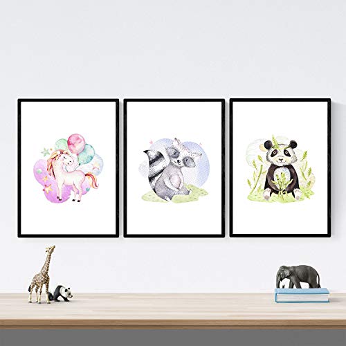 Nacnic Pack of three sheets with illustrations of animals. Posters with children's animal pictures. Unicorn panda bear and skunk. A3 size unframed - Image 2