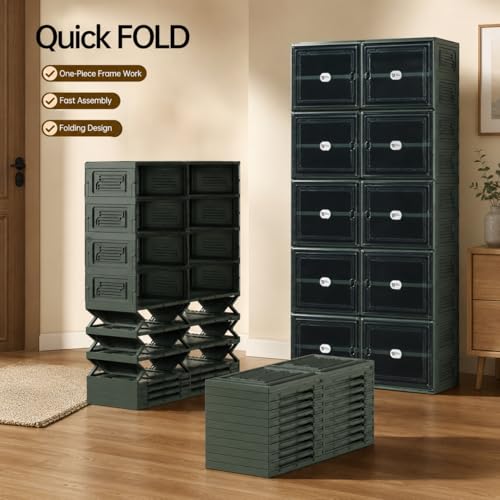 Image of Foldable Shoe Storage Cabinet for 24 Pairs with Magnetic Clear Doors, Portable Enclosed Shoe Organizer, 3-Step Quick Assembly for Entryway, Closet, Garage (2Row 6Tier)