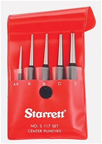 Starrett Steel Center Punch with Round Shank and Knurled Finger Grip - Hardened and Tempered Steel, 0–4-inch Length, 1/16, 5/64, 3/32, 1/8, 5/32 Diameter Tapered Point, 5 Pieces - S117PC