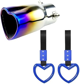 Heart Shaped Exhaust Tips 2.5 Inch Inlet Tailpipe End Car Exhaust Pipe Muffler, 2PCS Heart Shaped Car Handle Straps Rear Bumper Warning Ring Decor for Car Bus Subway Straight,Baked Blue
