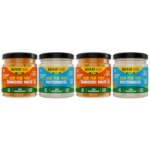 Image of REPEAT GUD Healthy Sauces (Mayonnaise, Tandoori Mayonnaise) | No Refined Sugar, Made With Jaggery | No preservatives | GUD For Kids | 100% Natural Ingredients & Chemical free (Pack of 4)